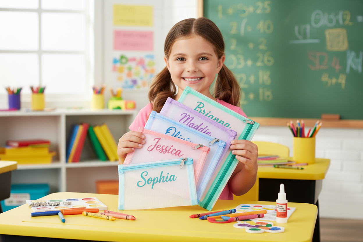 Elementary student using a personalized mesh zipper pouch to organize school supplies in a bright classroom.