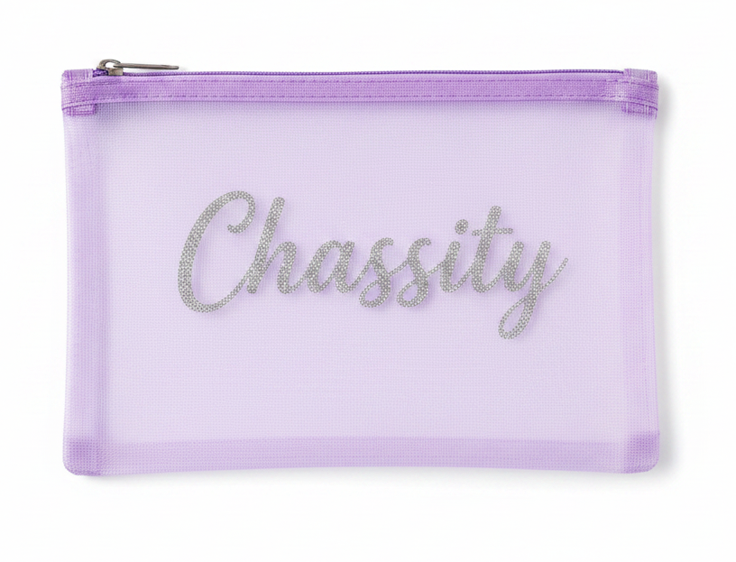 Personalized lavender mesh zipper pouch with custom glitter HTV name for makeup, pencils, travel, or office organization.