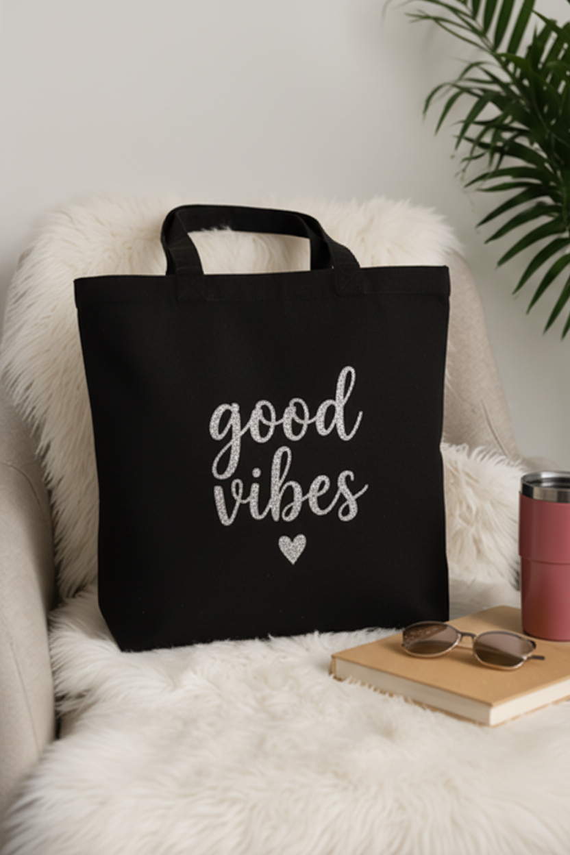 A black canvas tote bag with 'good vibes' printed in white script sits on a white faux-fur chair. The scene is styled with sunglasses on a book, a pink tumbler, and a green plant in the background.