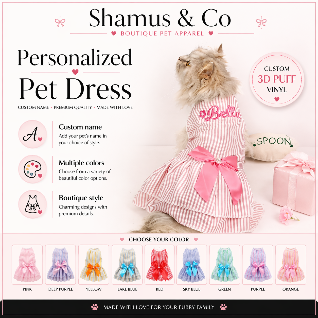 Pet dress with customizable features and color options on a white background