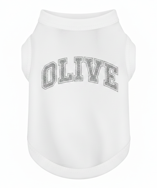 White  pet shirt with 'MAX' printed on it against a white background
