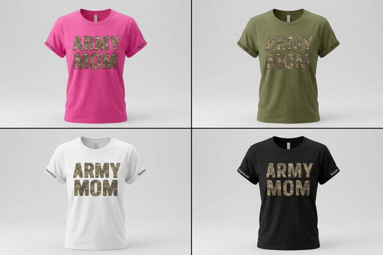 Four t-shirts with 'ARMY MOM' text in different colors on a white background