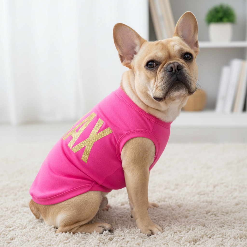 Personalized pink dog shirt by Shamus & Co, featuring custom name design for pets, perfect for stylish puppy apparel.