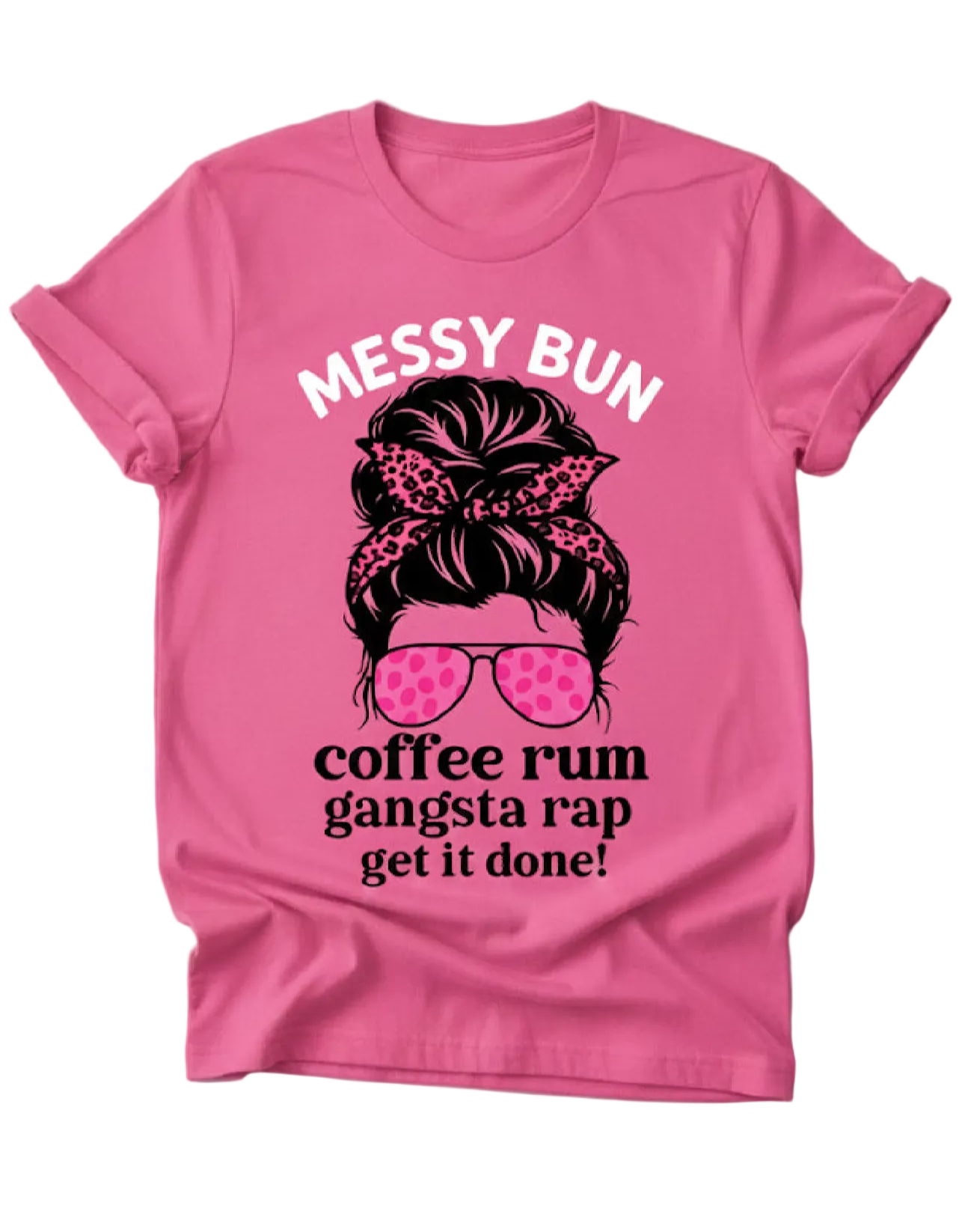 Pink t-shirt with graphic design and text on a gray background