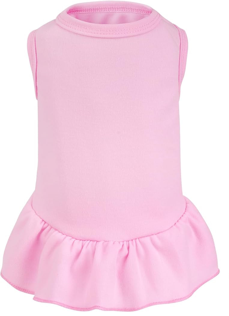 Pink pet dress with ruffled skirts on a white background