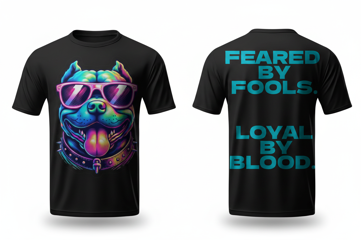 Shamus & Co Pit Bulls T-Shirt with "Feared By Fools, Loyal by Blood" slogan, featuring a bold pit bull graphic on a black tee
