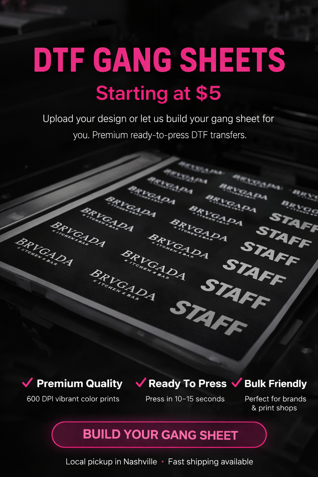 Promotional graphic for DTF gang sheets with Bryvgada branding and pricing details.