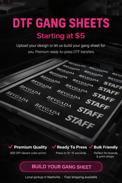 Promotional graphic for DTF gang sheets with Bryvgada branding and pricing details.