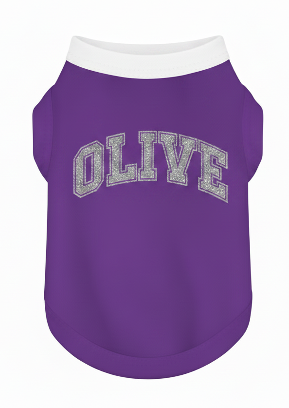 Purple pet shirt with 'OLIVE' text on a white background