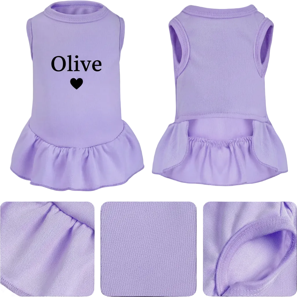 Purple pet dress with 'Olive' and a heart on a black background