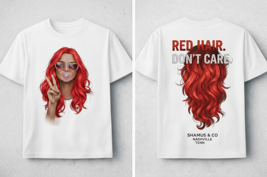 Vibrant red hair with a carefree style, showcasing the unique look from Shamus & Co.