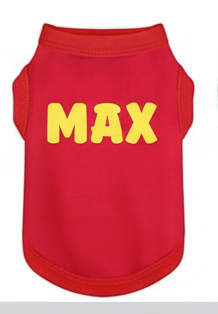 Red pet shirt with 'MAX' printed in yellow on a white background
