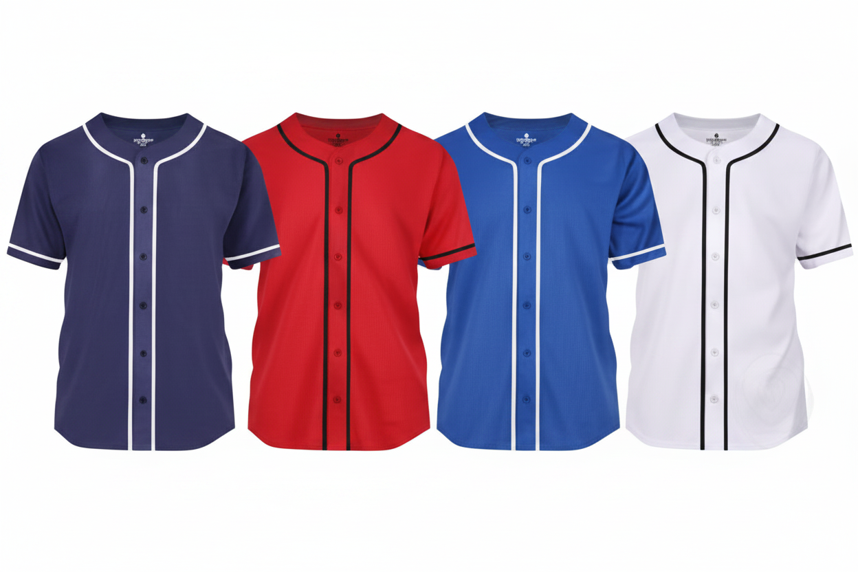 Red, white, and blue personalized baseball jersey by Shamus & Co featuring full button design and custom team printing.