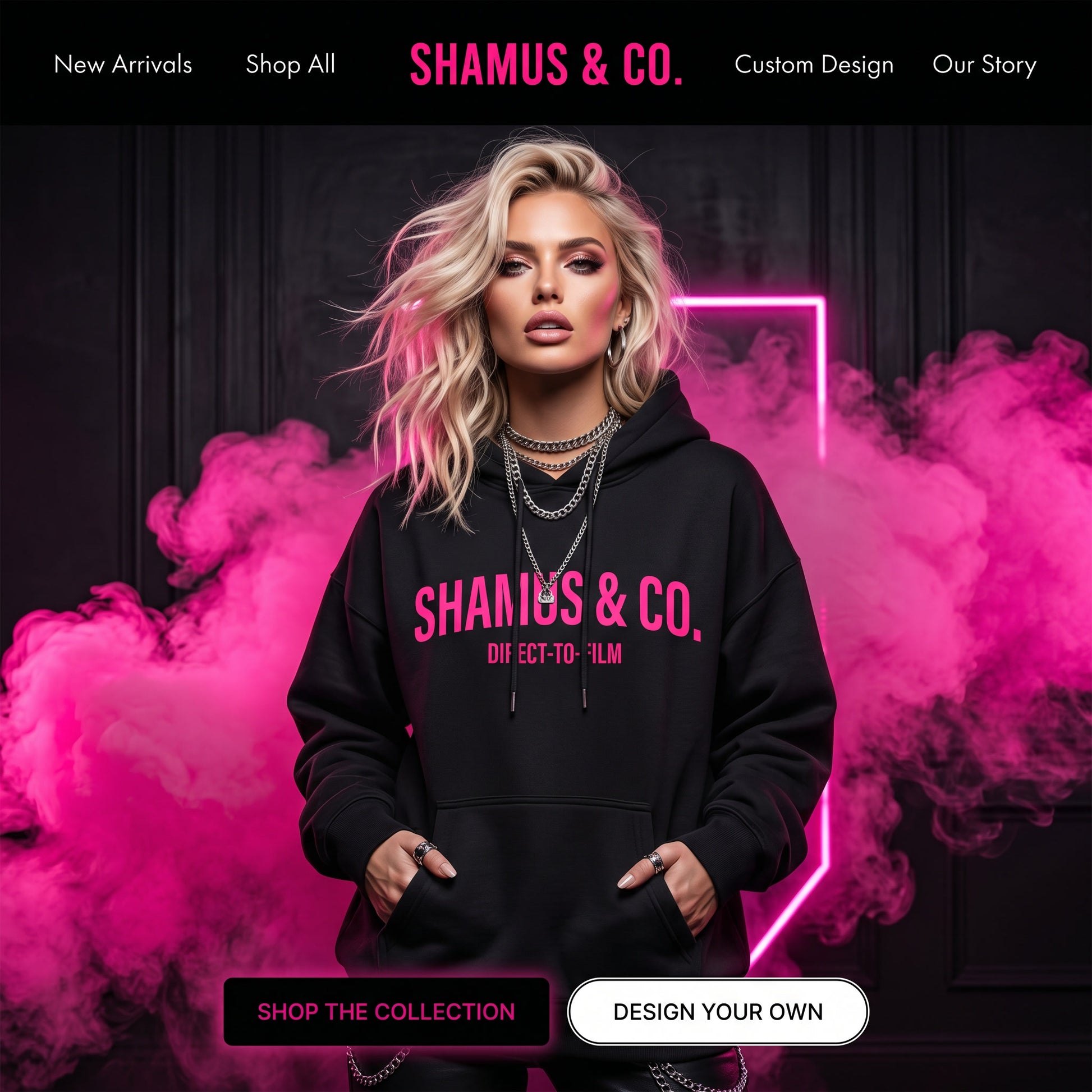 Woman wearing a black hoodie with 'SHAMUS & CO.' text, surrounded by pink smoke on a dark background.