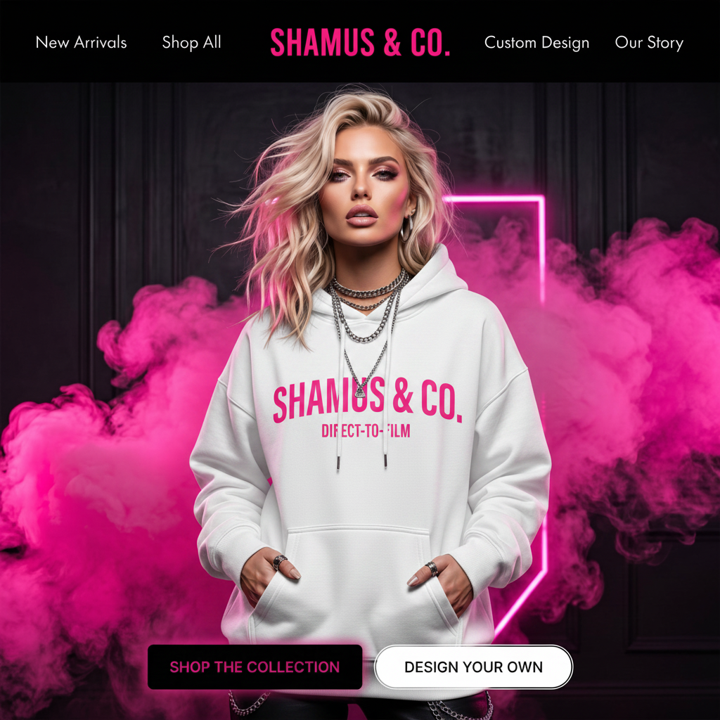 Black Shamus & Co graphic hoodie for adults featuring a pink printed design on the front.