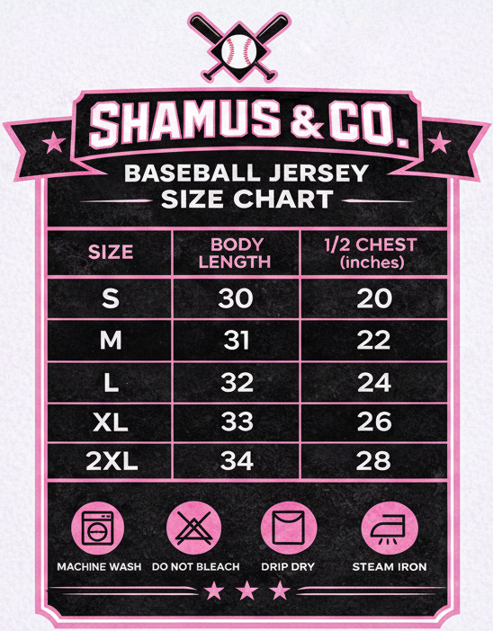 Shamus & Co. baseball jersey size chart on a white background