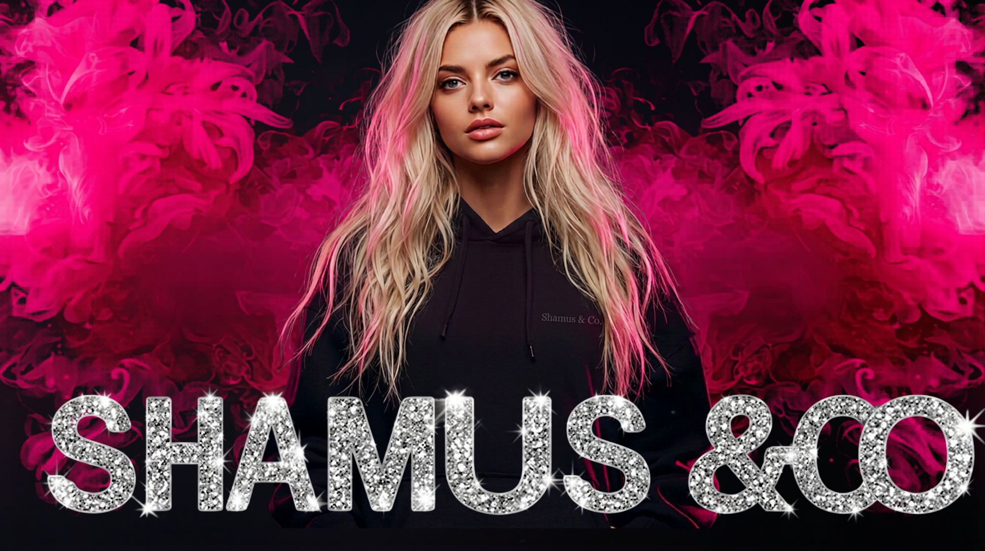 Person with pink hair and black outfit against a pink feathered background with 'SHAMUS & CO' text.