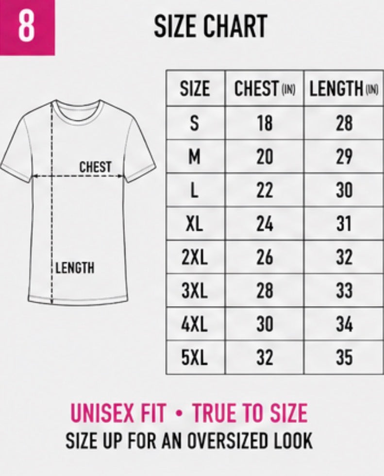 Size chart for t-shirts with measurements in inches
