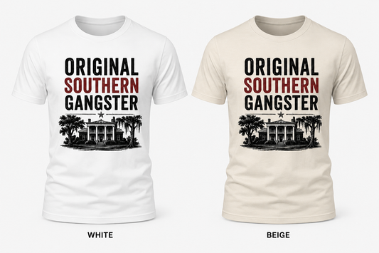 Original Southern Gangster graphic t-shirt ghost mannequin mockup in White and Natural (Beige) featuring a vintage Southern mansion design by Shamus & Co.