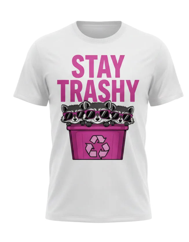 White t-shirt with pink graphic and text on a white background