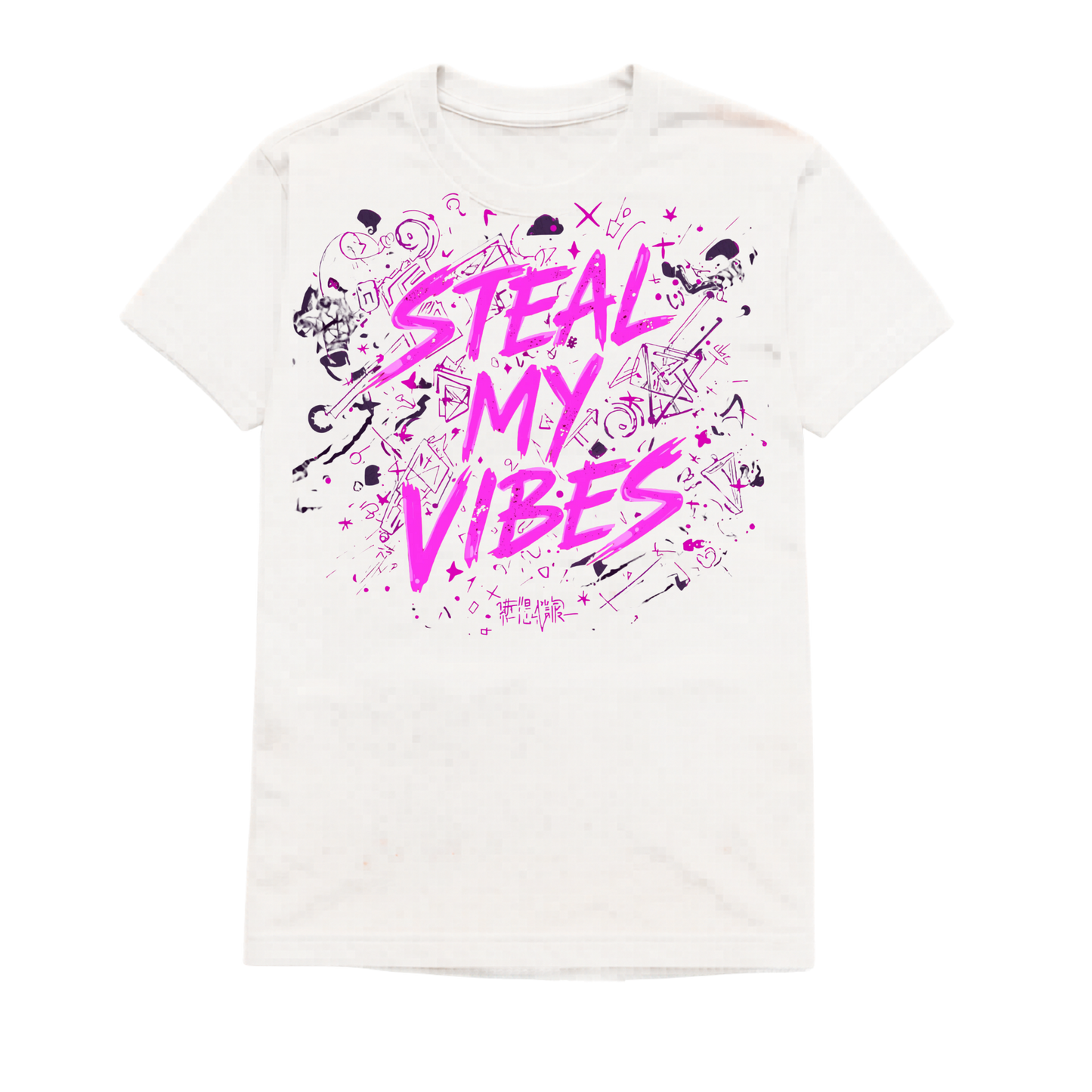 White t-shirt with pink 'Steal My Vibes' text and graphics on a white background