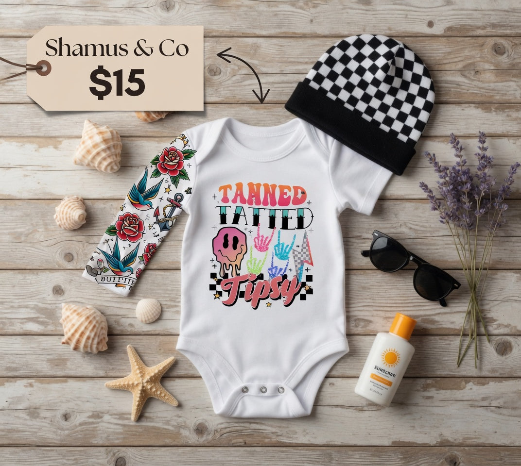 Tanned , Tatted & Tipsy Baby Bodysuit with sleeve tats 