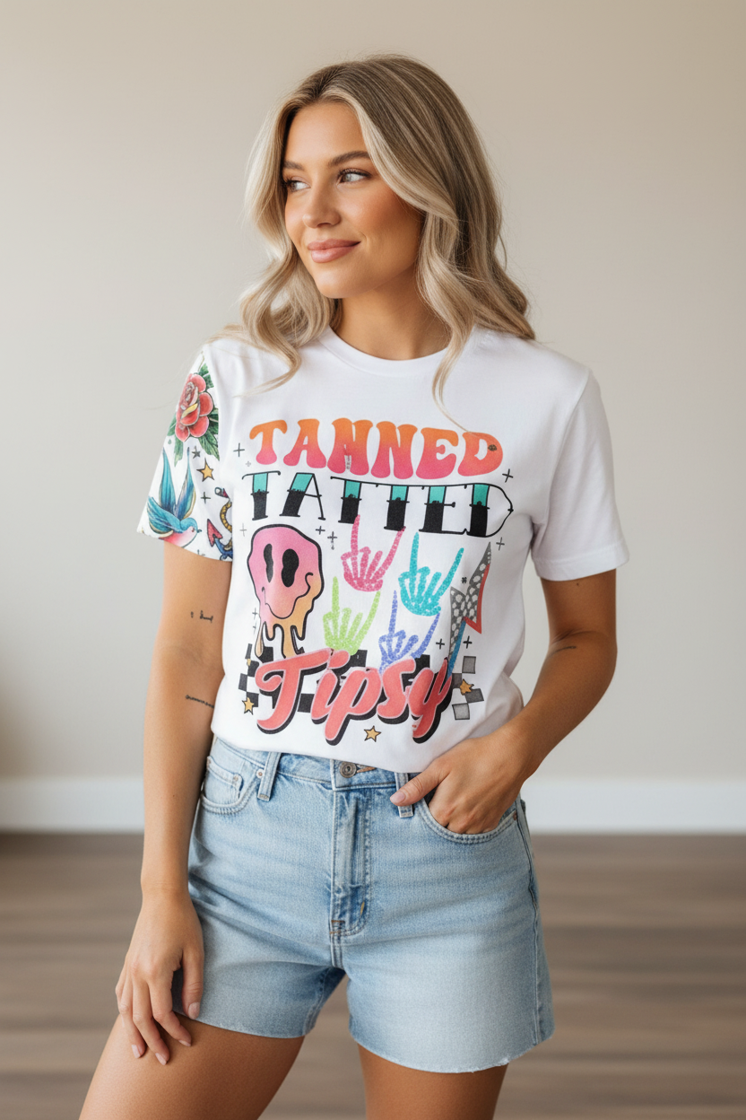 Woman wearing a colorful graphic t-shirt with text and designs.