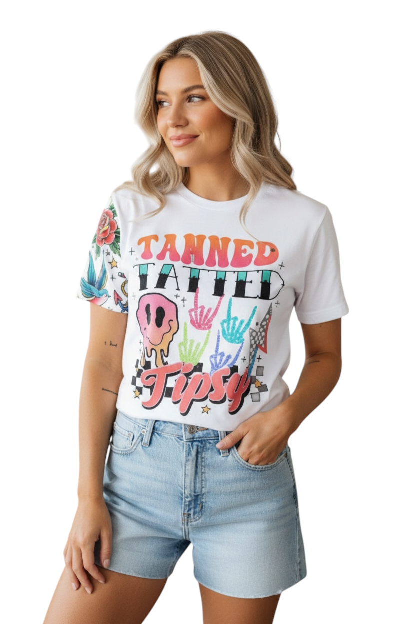 Woman wearing a colorful graphic t-shirt with text and designs.