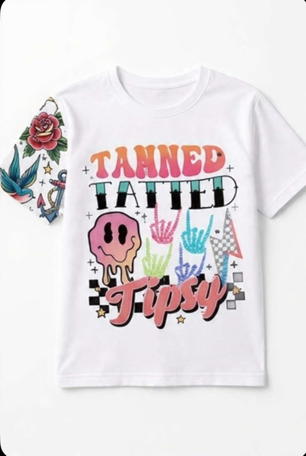 Tanned Tatted & Tipsy Mommy & Me matching baby tee by Shamus & Co, featuring playful printed design on soft fabric.