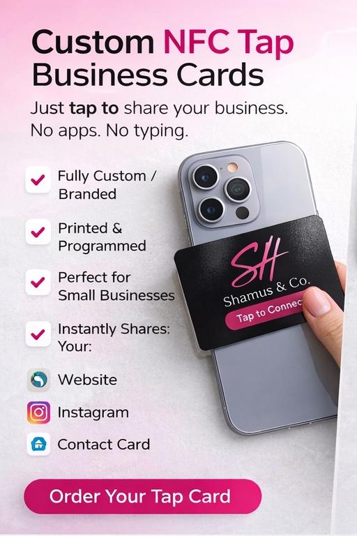 Promotional image of custom NFC tap business cards with a phone and card.
