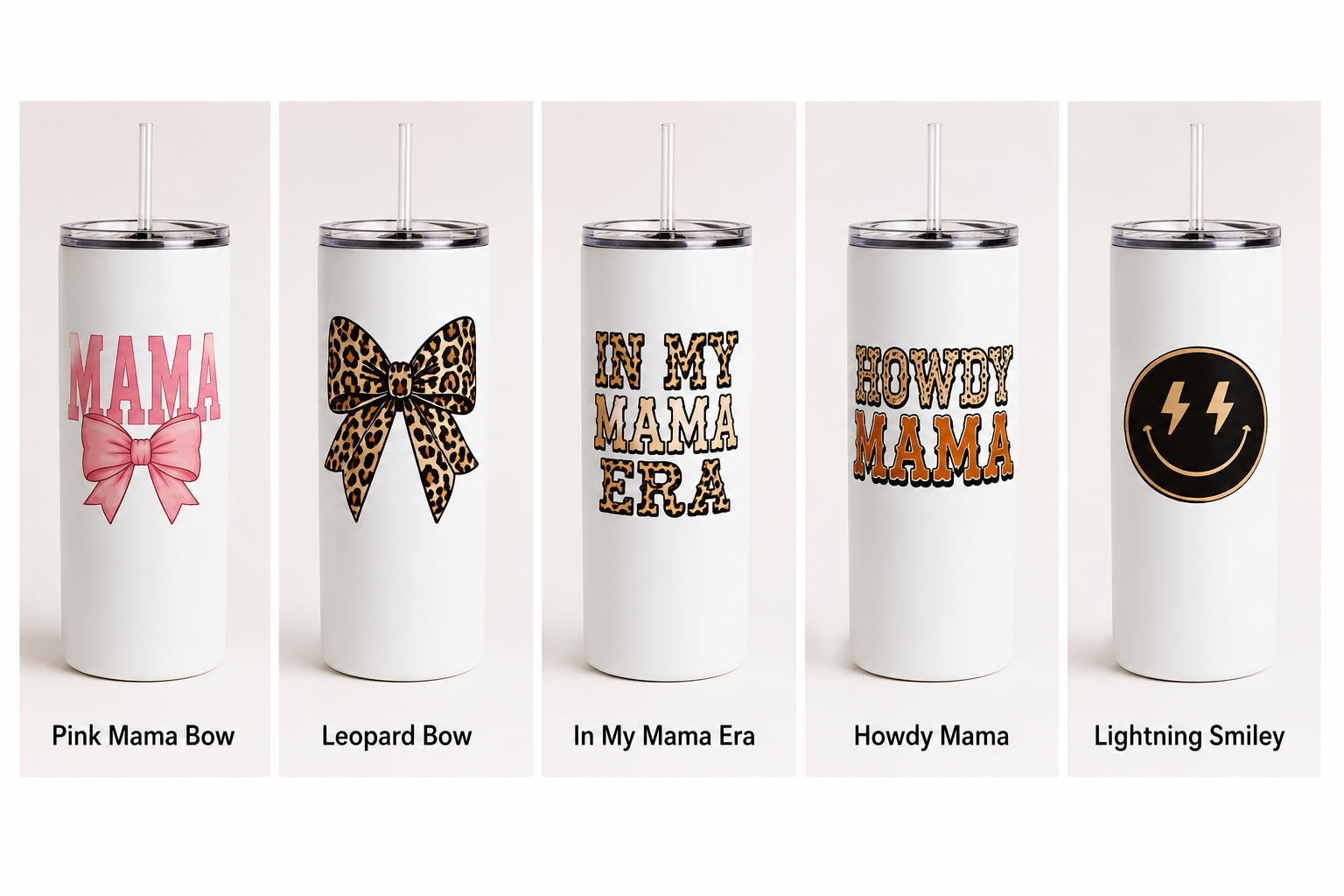 Set of white tumblers with various designs and text on a white background