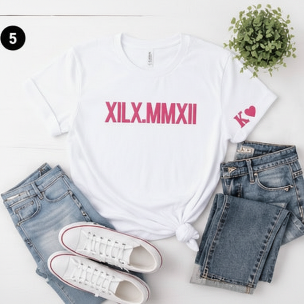 Pink t-shirt with 'XILX.MMXX' text, paired with jeans and sneakers on a light background
