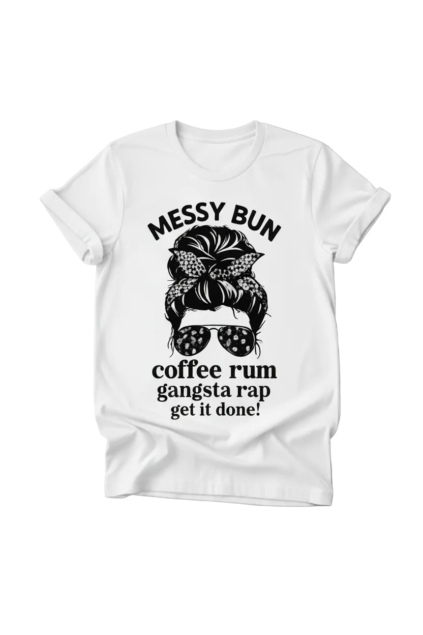 White t-shirt with graphic design and text on a white background