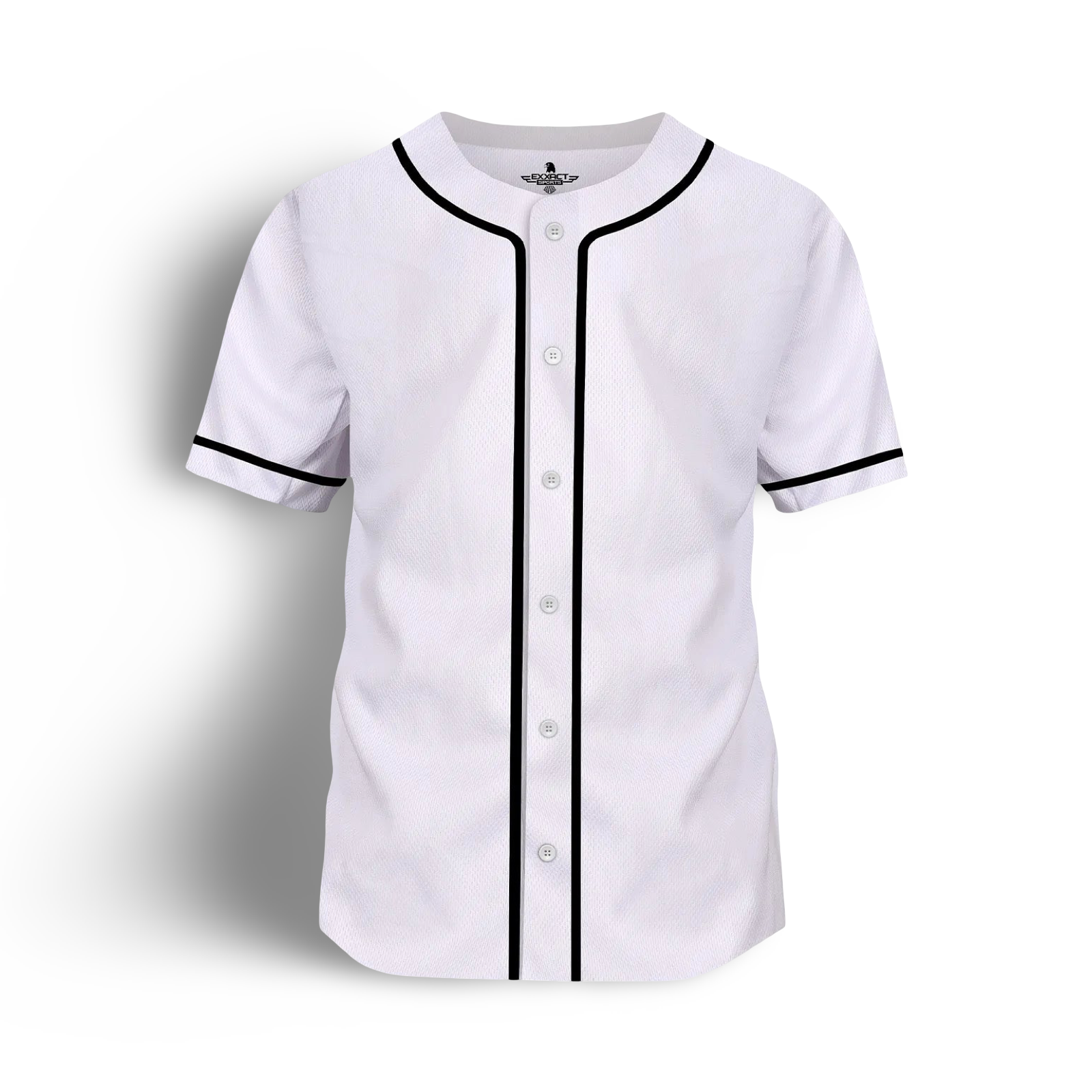 White baseball jersey with black trim on a white background