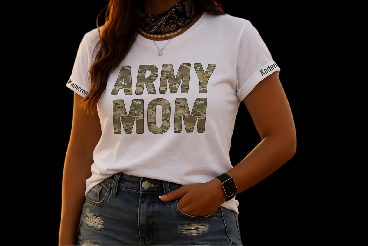 Person wearing a white t-shirt with 'ARMY MOM' printed on it, standing against a blurred natural background.