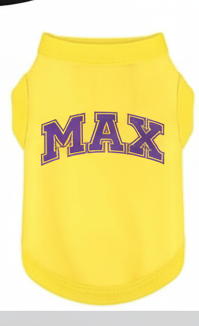 Yellow pet shirt with 'MAX' printed in purple on a white background