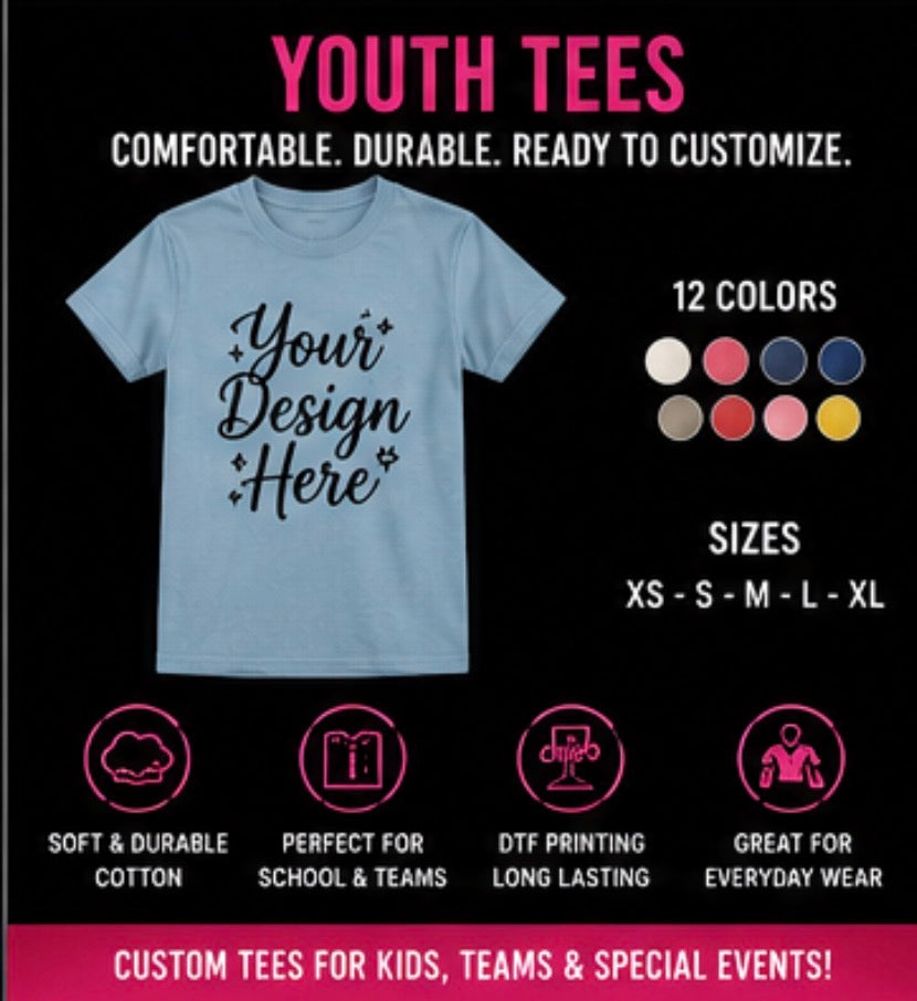 A promotional graphic for youth custom tees on a black background. It shows a light blue short-sleeve T-shirt with the text 'Your Design Here' printed on the front.