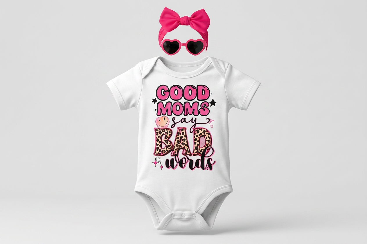 Baby onesie with 'Good moms say bad words' text, pink bow, and heart-shaped sunglasses on a light gray background