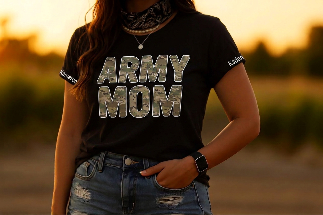 Person wearing a black 'ARMY MOM' t-shirt with sunset in the background