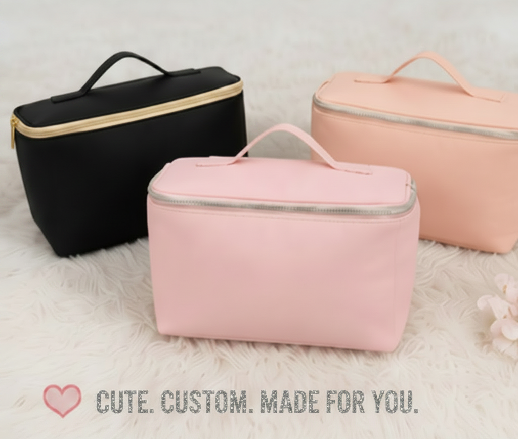 Three cosmetic bags in black, pink, and peach on a light background with text 'Cute. Custom. Made for You.'