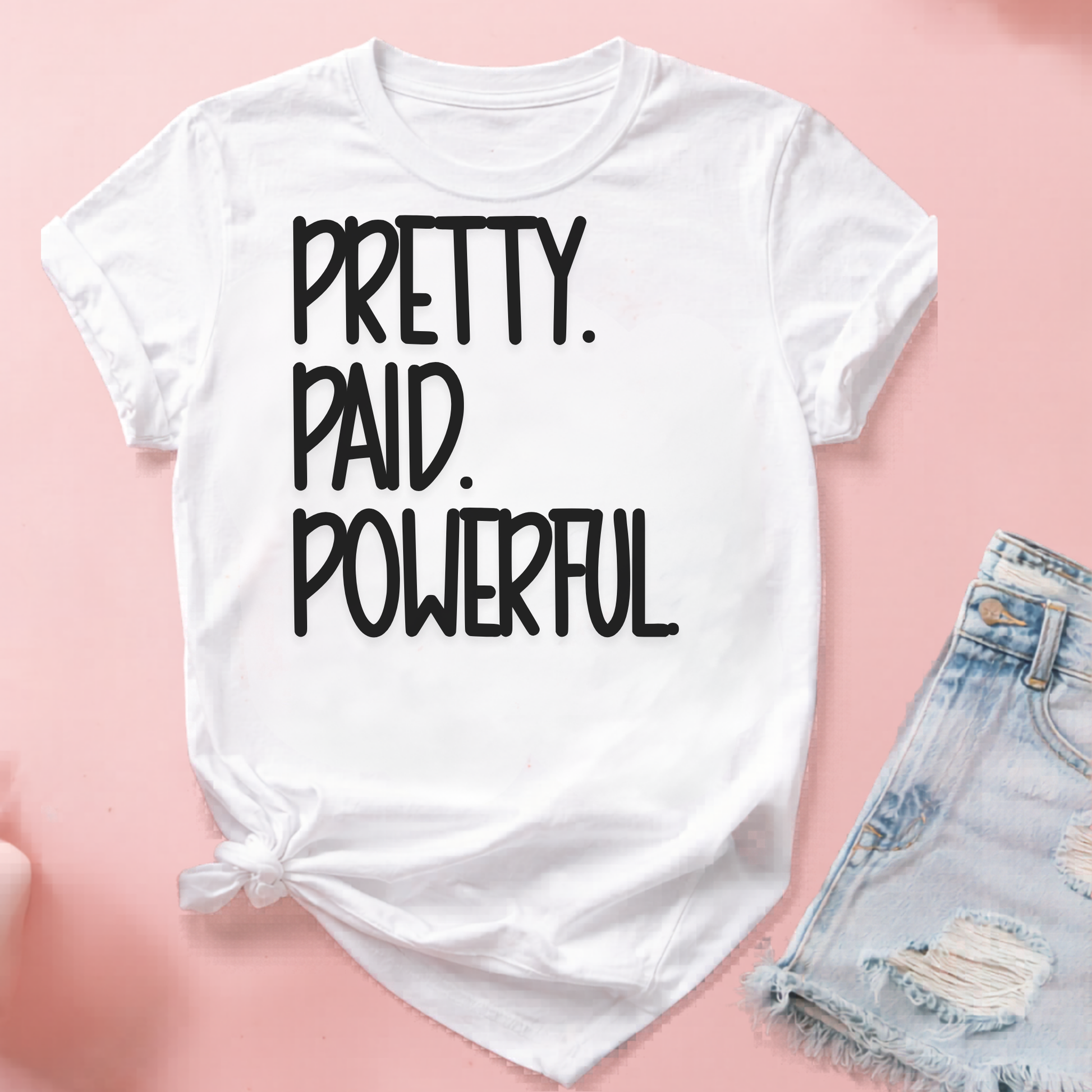 Black adult T-shirt by Shamus & Co featuring a trendy pink graphic design on the Pretty Paid Powerful Tee.