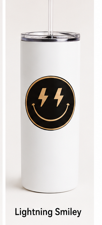 White tumbler with black smiley face design featuring lightning bolts on a white background
