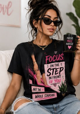 Woman wearing a black t-shirt with motivational quote, holding a mug, sitting on a couch.