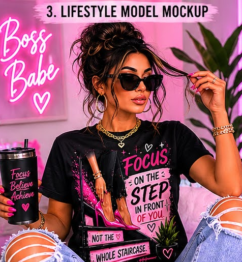Woman wearing a black t-shirt with motivational quote, holding a pink cup, and posing in a stylish manner.