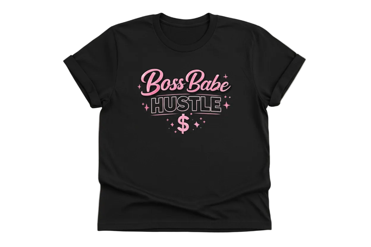 White t-shirt with 'Boss Babe Hustle' text design on a white background