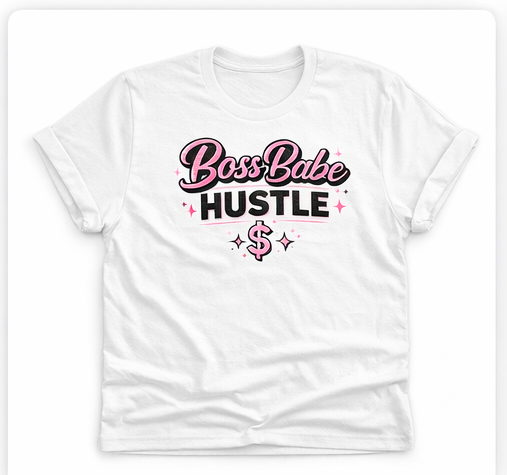 Collection of t-shirts with 'Boss Babe Hustle' and 'Personalized T-Shirts' designs on a pink background.