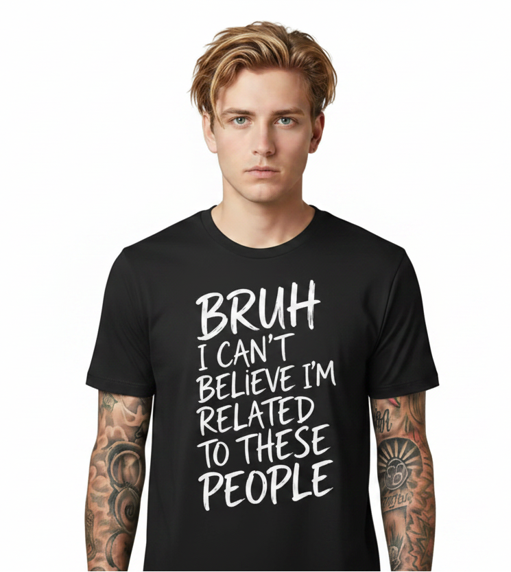 Man wearing a black t-shirt with text on a white background