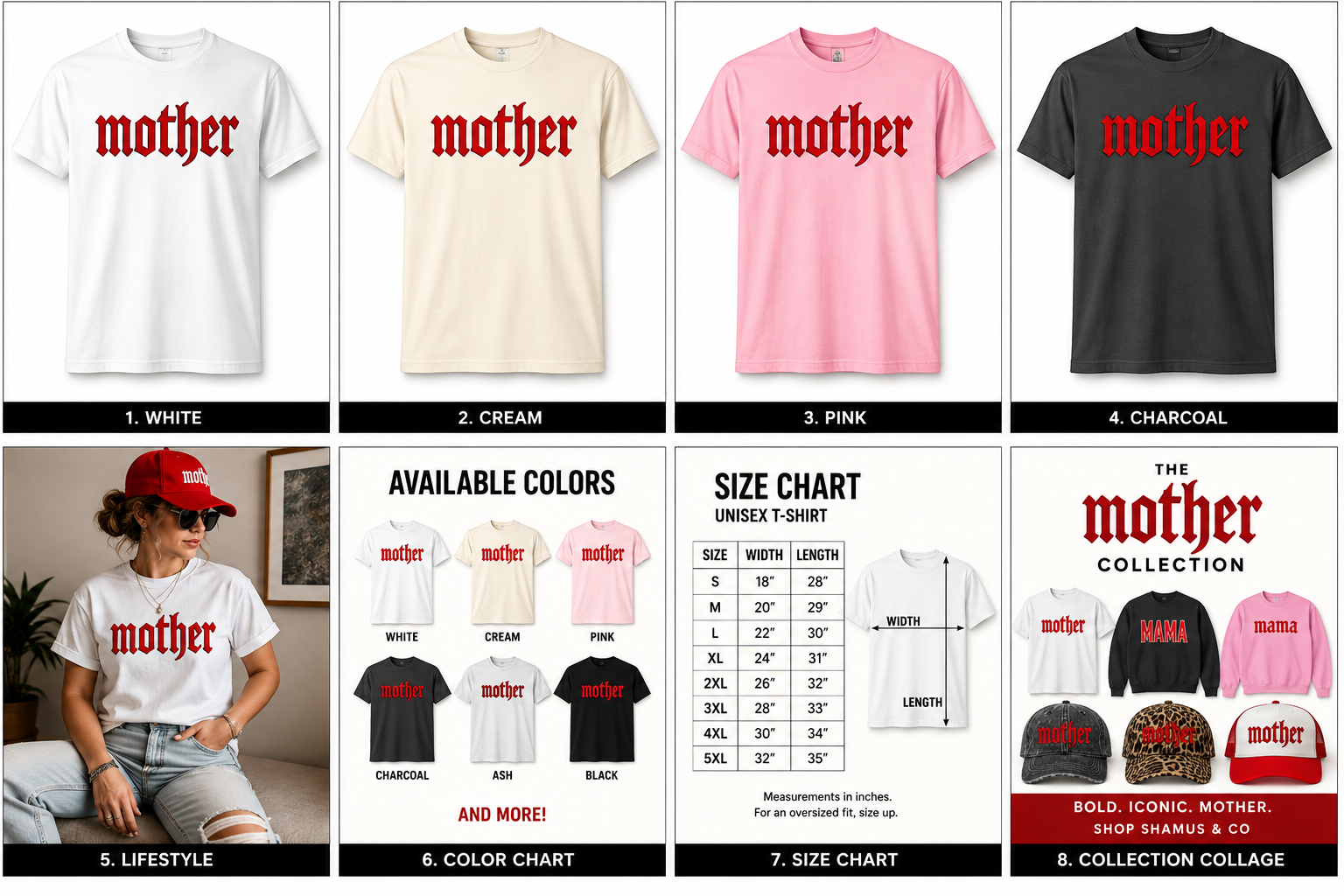 Collection of 'mother' t-shirts in various colors with a size chart and lifestyle image.