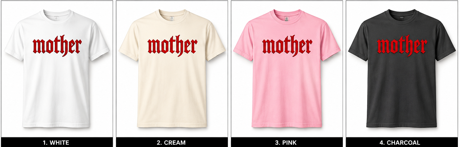 Gothic embroidered "MOTHER" T-shirt by Shamus & Co, adult casual tee with detailed embroidery and bold lettering on black fabric.