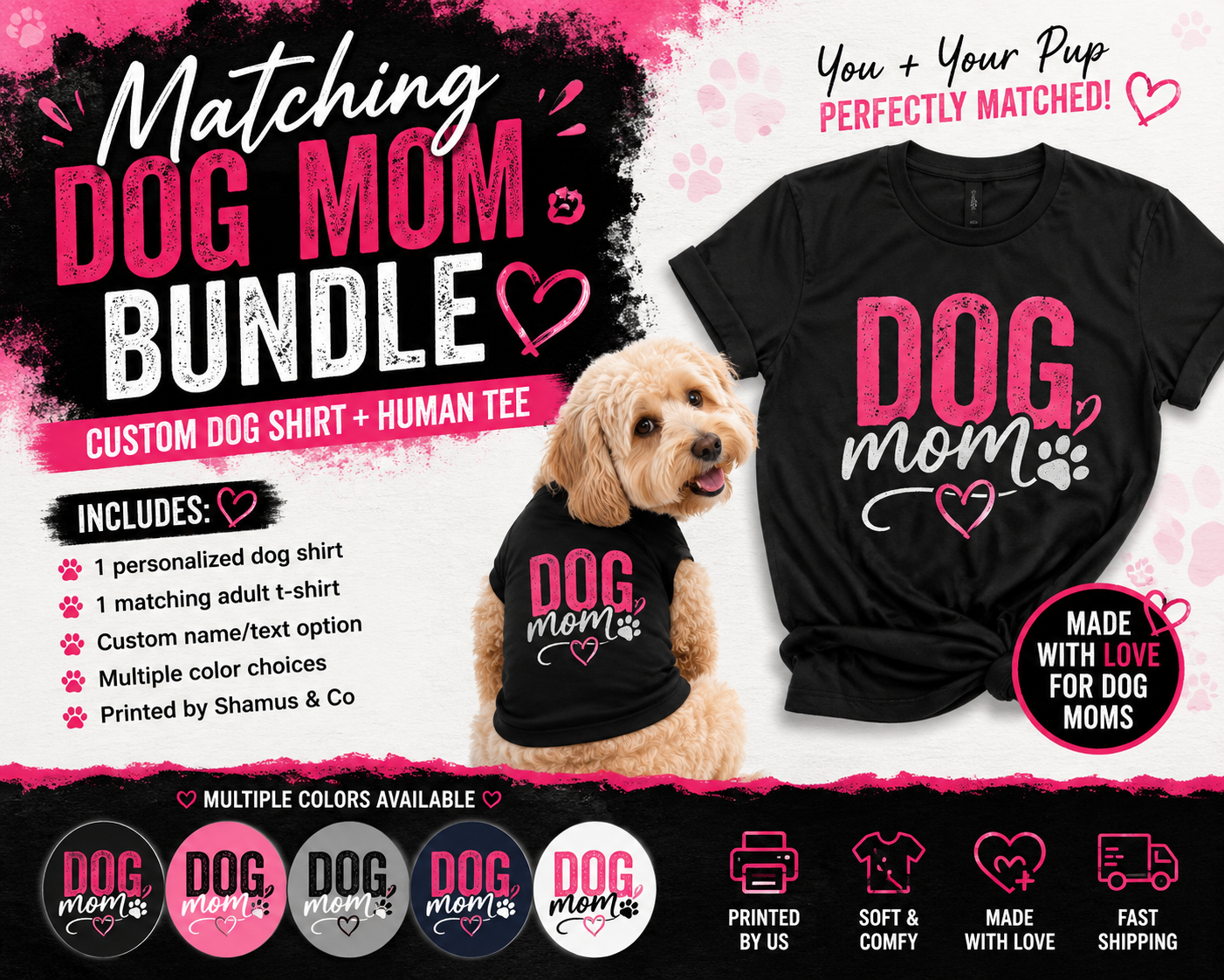 Matching Dog Mom Bundle from Shamus & Co featuring a custom dog shirt for dogs and a human tee with coordinating designs.